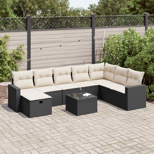 vidaXL 9-dijelni set vrtnih sofa s jastucima crni od poliratana