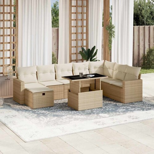 vidaXL 9-dijelni set vrtnih sofa s jastucima bež od poliratana