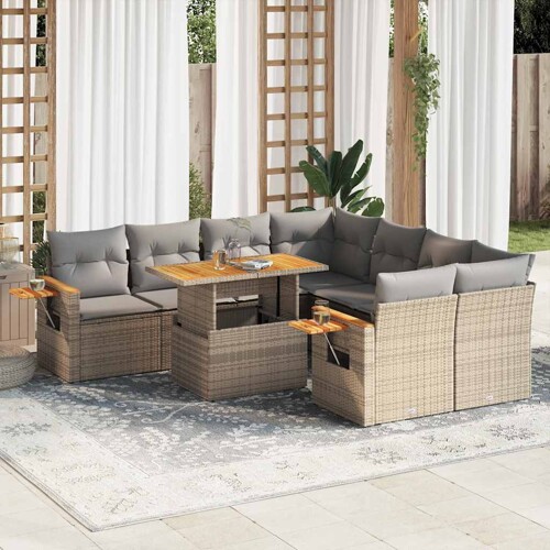 vidaXL 9-dijelni set vrtnih sofa s jastucima bež od poliratana bagrem