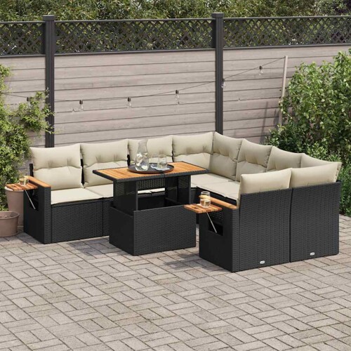 vidaXL 9-dijelni set vrtnih sofa s jastucima crni od poliratana bagrem