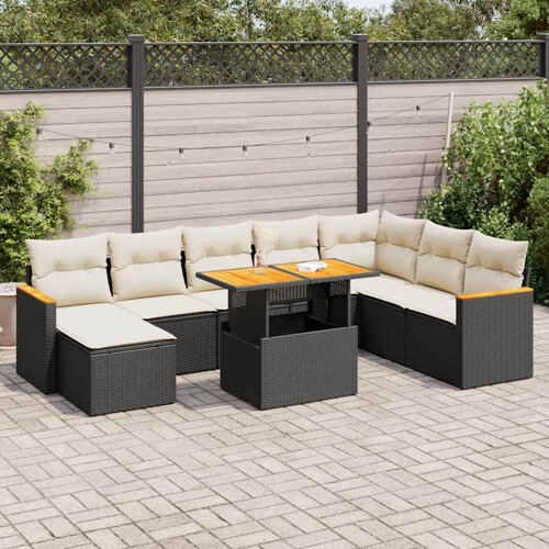 vidaXL 9-dijelni set vrtnih sofa s jastucima crni od poliratana bagrem