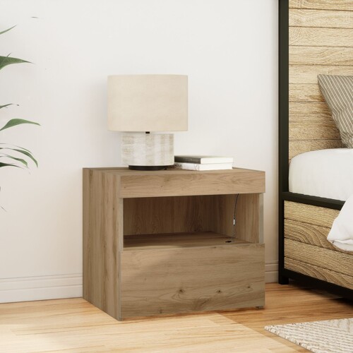 vidaXL Noćni ormarić s LED svjetlima, obrtnički hrast, 50x40x45 cm