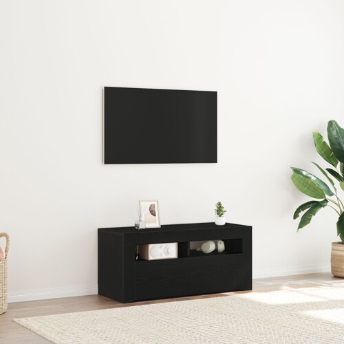 vidaXL TV Ormar s LED Crna Hrast 90x35x40 cm Konstruirano drvo
