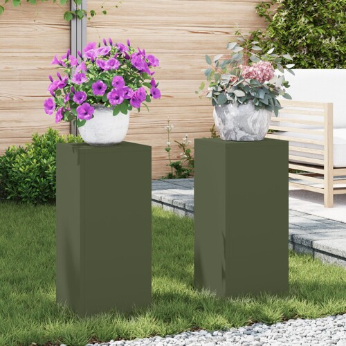 vidaXL Vanjski Stalak za Biljke Stup 2 kom Maslinasta 24x24x55 cm Čelik