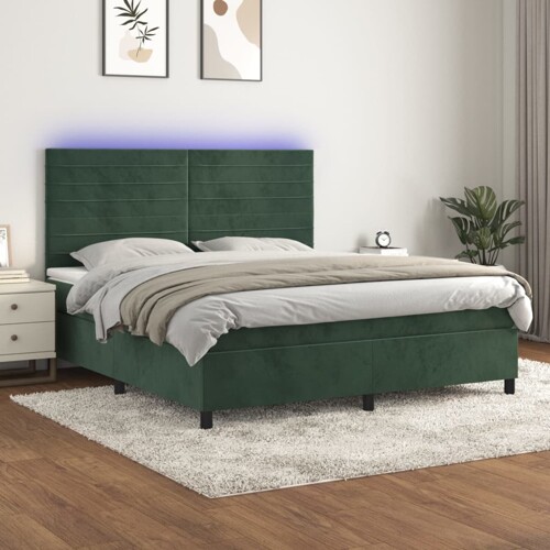 vidaXL Krevet box spring s madracem LED tamnozeleni 160x200 cm baršun