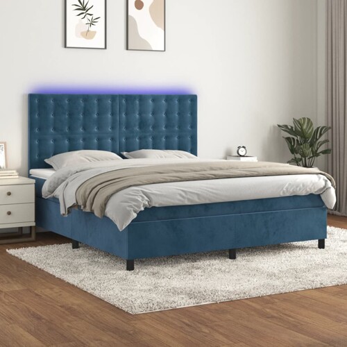 vidaXL Krevet box spring s madracem LED tamnoplavi 180x200 cm baršun