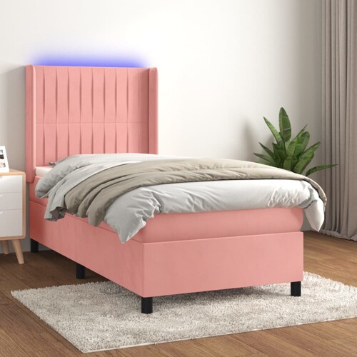 vidaXL Krevet box spring s madracem LED ružičasti 100x200cm baršunasti