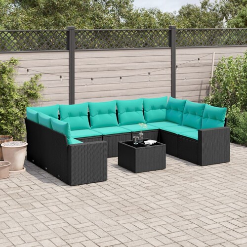 vidaXL 10-dijelni set vrtnih sofa od poliratana s jastucima crni