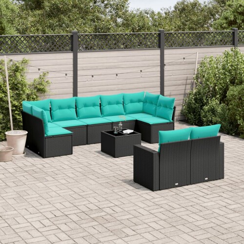 vidaXL 10-dijelni set vrtnih sofa od poliratana s jastucima crni