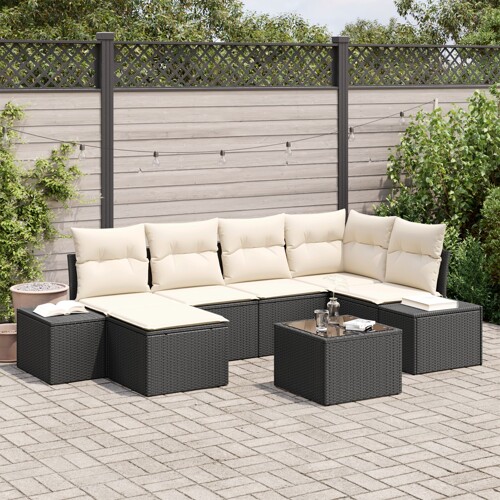 vidaXL Vrtni set sofa Set od 7 Crna i krema Ratan, poliester Vrtni kauč