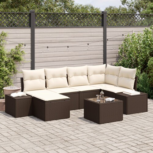 vidaXL Vrtni Sofa Set Set od 7 Smeđa i krema Ratan i tkanina