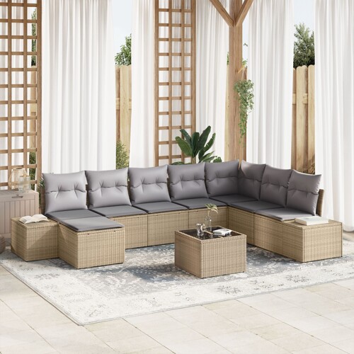 vidaXL set vrtnih sofa Set od 9 Bež i siva Ratan i tkanina Vrtni kauč