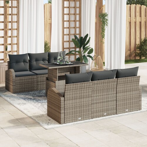 vidaXL Vrtni set sofa Set od 7 Smeđa, Siva Poli rattan, Olefinska tkanina