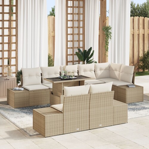 vidaXL vrtni sofa set Set od 9 Bež Ratan, Poliester Vrtni sofa set