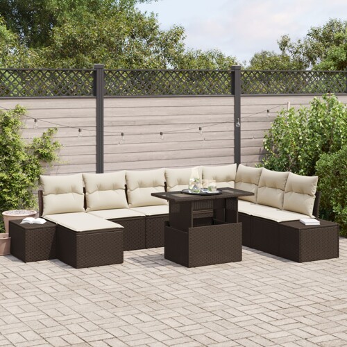 vidaXL Vrtna sofa Set od 9 Smeđa i Krem Ratan, Tkanina Vrtna sofa
