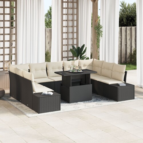 vidaXL Set vrtnih sofa Set od 10 Crno i krem Ratan, Tkanina, Pjena