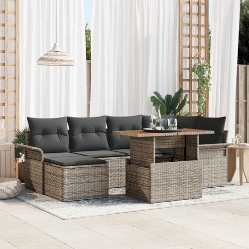 vidaXL Vrtni sofa set Set od 7 Siva Poliratan, čelik, staklo