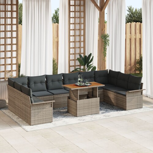 vidaXL Vrtni set sofe Set od 11 Siva, Crna Ratan, Poliester Vrtni stol