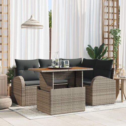 vidaXL Vrtni sofa set 5 dijelova Siva Poli rattan, čelik, tkanina