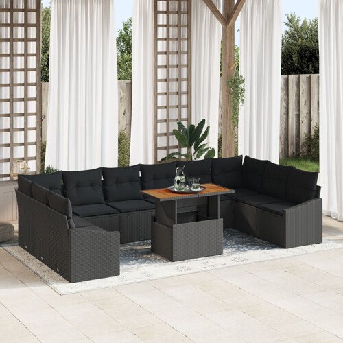 vidaXL set vrtnih sofa set od 11 crna ratan, drvena površina