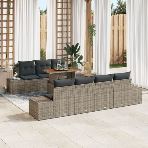 vidaXL vrtna sofra set Set od 8 Siva Ratan, Staklo, Drvo, Metal