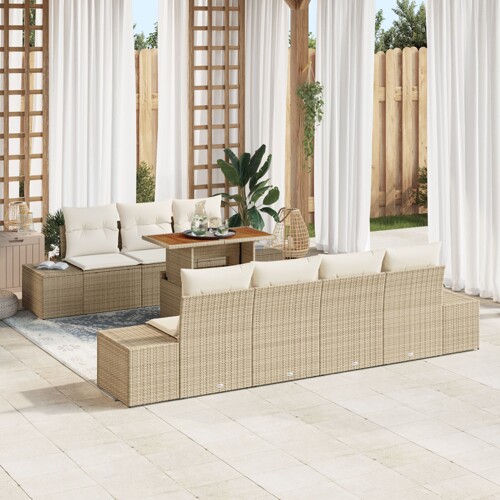 vidaXL Vrtni sofa set Set od 8 Bež, Bijela Ratan, Poliester, Pjena