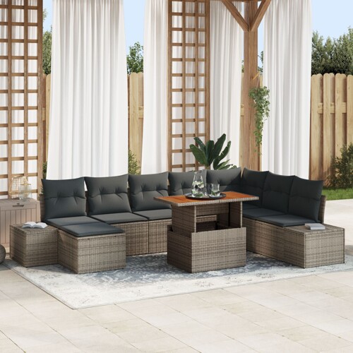 vidaXL Set sofa u vrtu Set od 9 Siva Ratan, poliester jastučići