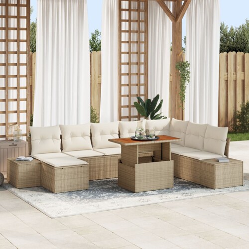 vidaXL Vrtna sofa set Set od 9 Bež Poli ratan Vrtna blagovaonica
