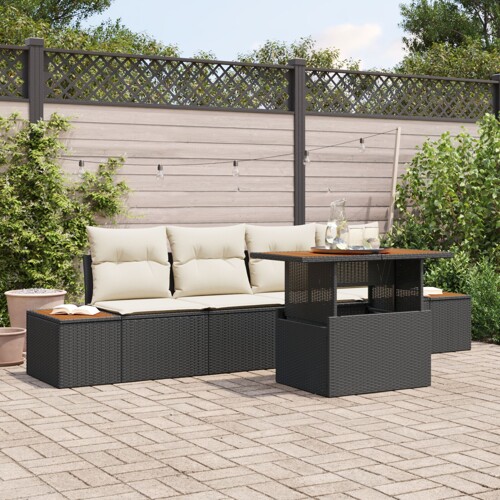 vidaXL set vrtnih sofa Set od 5 Crna, bež Ratan, poliester jastuci