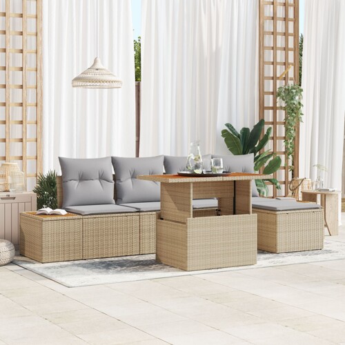 vidaXL Set vrtnih sofa Set od 6 Bež, Siva Ratan, Poliester