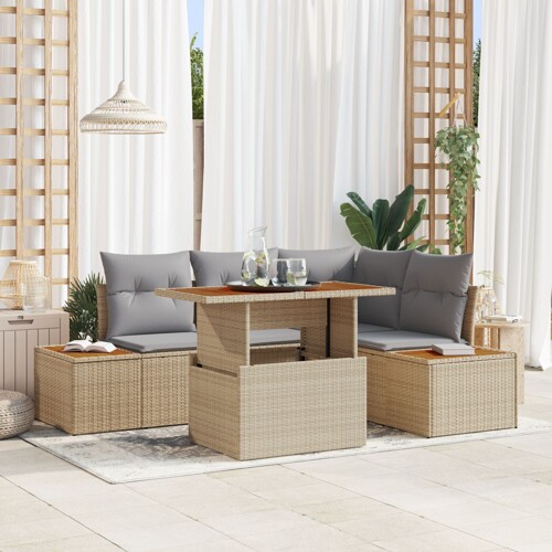 vidaXL vrtni sofa set Set od 5 Bež i siva Ratan i poliester jastučić