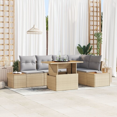 vidaXL Vrtni Sofa Set Set od 6 Bež Ratan, Poliester, Čelik