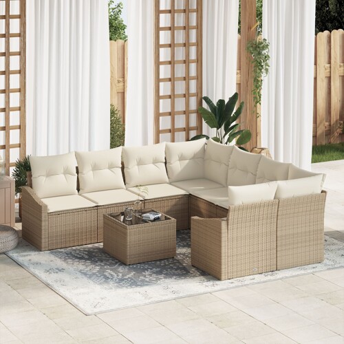 vidaXL Vrtna Sofa Set 9 dijelni Bež i smeđi Ratan i poliester