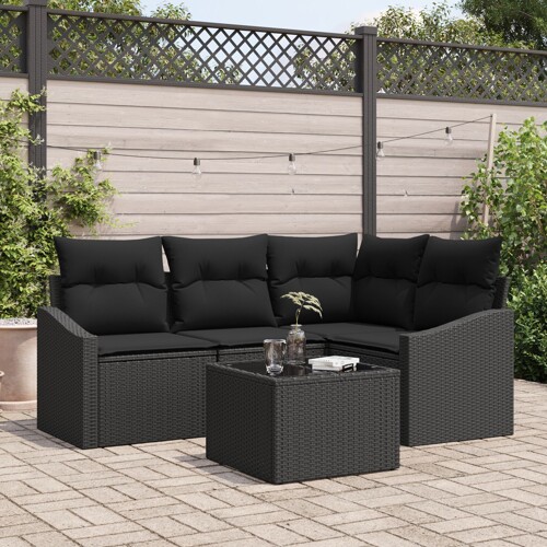 vidaXL Vrtni kauč set Set od 5 Crna Ratan, poliester
