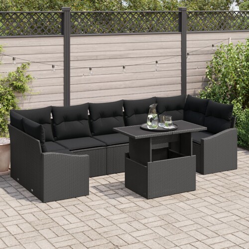 vidaXL Vrtni Sofa Set Set od 8 Crna Ratan i Poliester Vanjski Stol