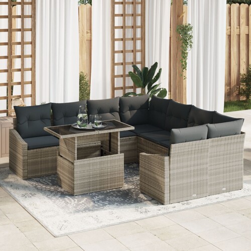 vidaXL vrtni sofa set Set od 9 Bež Ratan, staklo, tkanina Vrtni sofa set