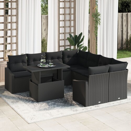 vidaXL Set vrtnog sofa 9 dijelova Crna Ratan, Poliester Vrtni sofa set