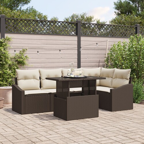 vidaXL Set vrtnih sofa Set od 6 Smeđa, Ratan Ratan, Poliester, Staklo