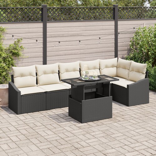 vidaXL Vrtni set sofa 7 komada Crna i krem Ratan i poliester