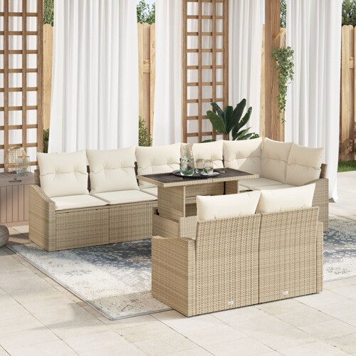 vidaXL Vrtna Sofa Set Set od 9 Bež, Krem Ratan, Poliester