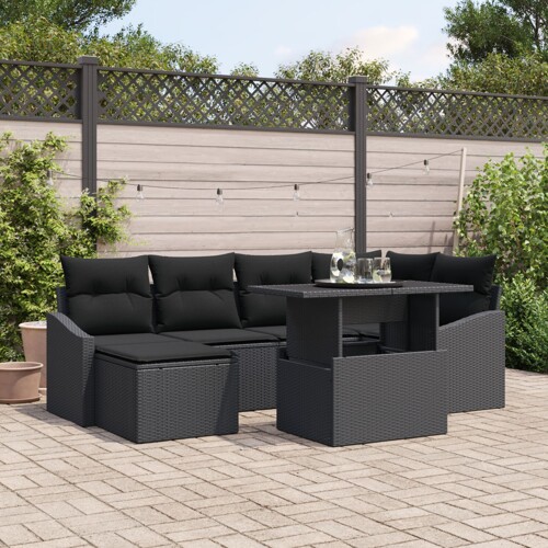 vidaXL Vrtni set sofe Set od 7 Crna Ratan, Poliester Set vrtnih sofa