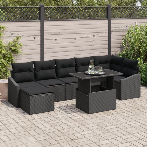 vidaXL Vrtni Sofa Set Set od 8 Crni Poli Ratan, Poliester, Čelik