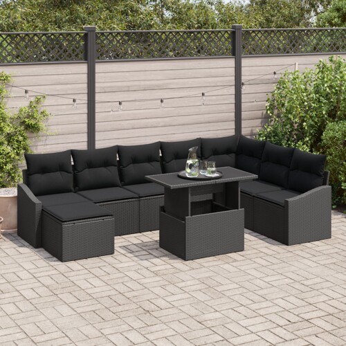 vidaXL Set Vrtne Sofa Set od 9 Crna Ratan, Poliester Kutna Sofa za Vrt