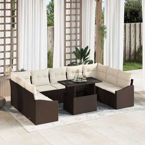 vidaXL set vrtnih sofa Set od 10 Smeđa i Krem Ratan i poliester