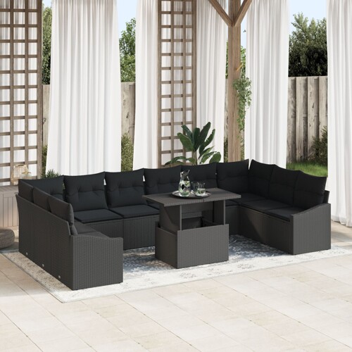 vidaXL Vrtni Sofa Set Set od 11 Crna Ratan, Poliester, Pjena