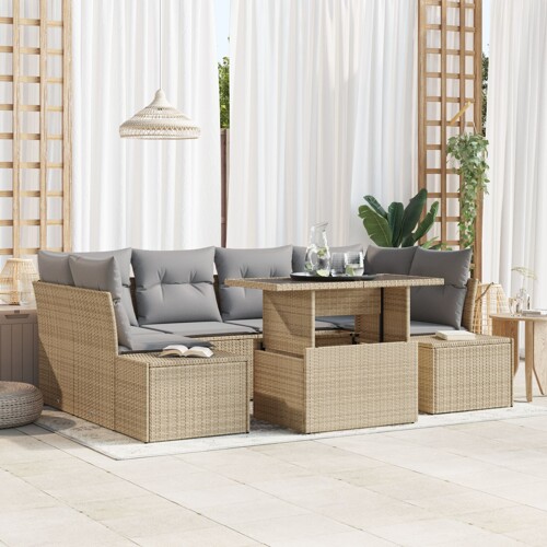 vidaXL set vrtnih sofa 7 komada Bež Ratan Set vrtnih sofa Pravokutni