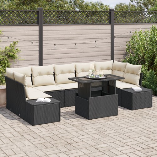 vidaXL Vrtni set sofa 8 komada Crna Ratan Vrtni set sofa Pravokutni