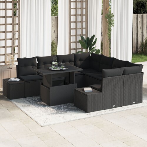 vidaXL Set vrtnih sofa Set od 9 Crna Ratan, Poliester, Staklo