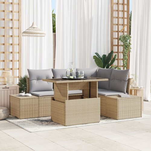 vidaXL Vrtni kauč set Set od 5 Bež, Siva Ratan, Poliester Vrtni kauč set