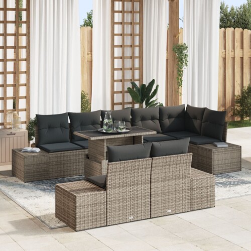 vidaXL Set vrtnih sofa 9 komada Smeđa, Siva Ratan, Tkanina